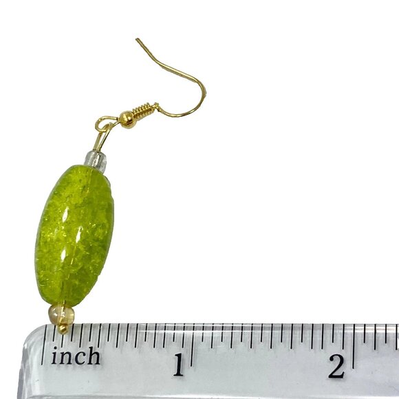 Murano Style Art Glass Bead Earrings Lime Green Gold Plated Crackled Glass Balls - Picture 6 of 6